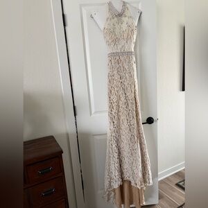 McDuggal Lace Evening Gown in Champagne